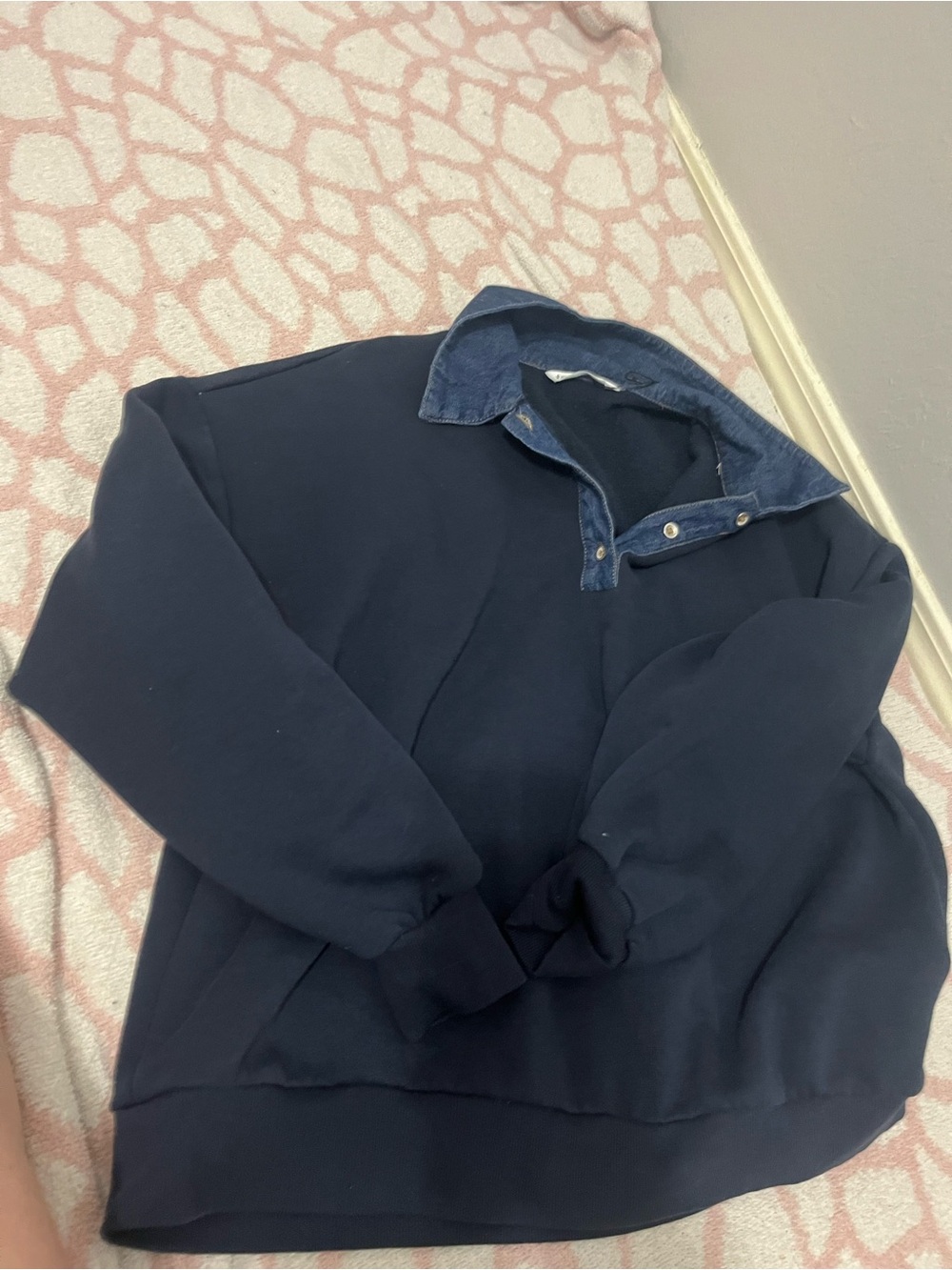 stradivarius Navy Blue Pullover Sweatshirt with Denim Collar